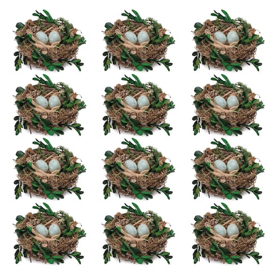 96757DS 5 x 3 in. Twig & Grass & Foam Nest with Eggs, Brown & Green - Set of 12